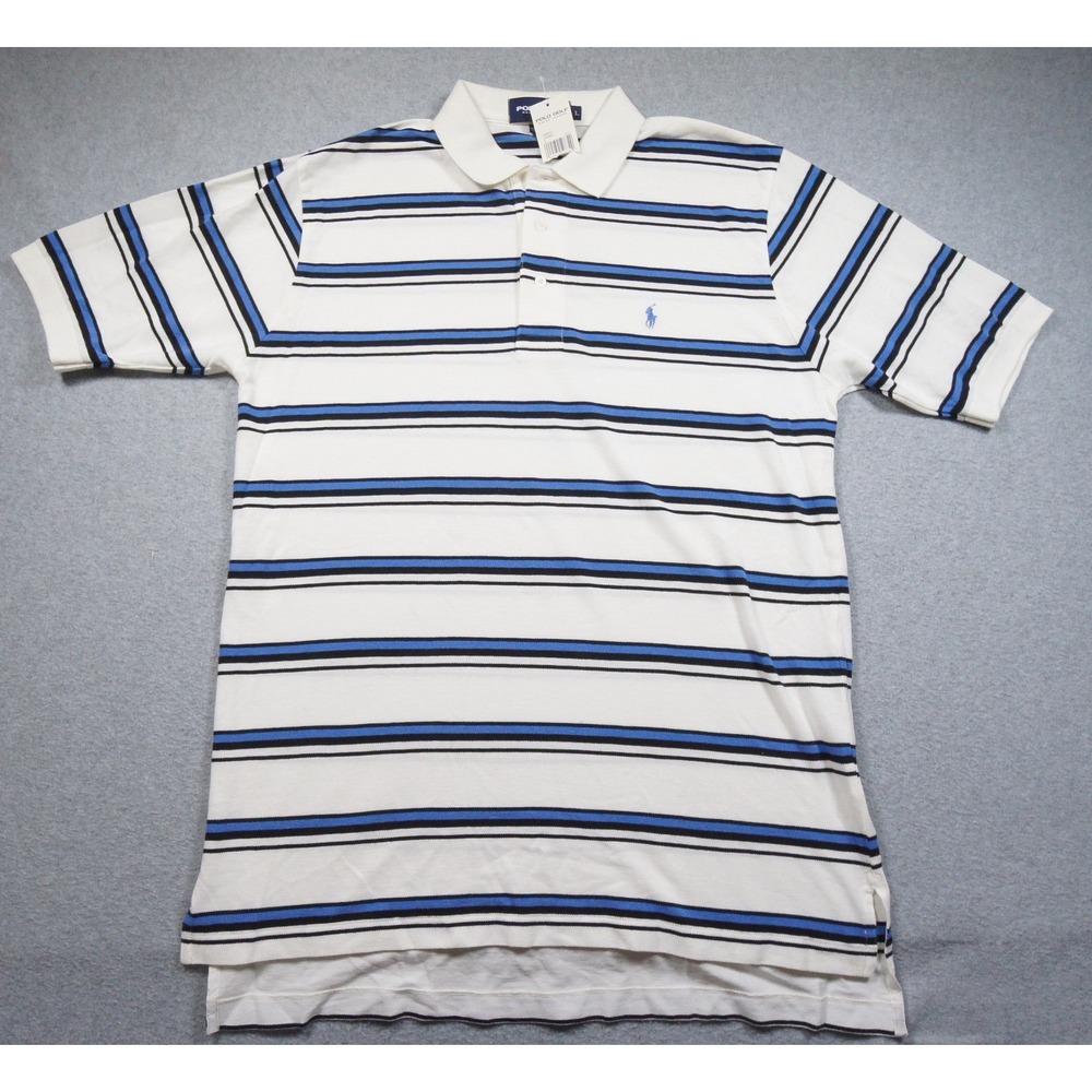 Polo Golf Ralph Lauren Polo Shirt Mens Large White Blue Striped Pony Logo NEW